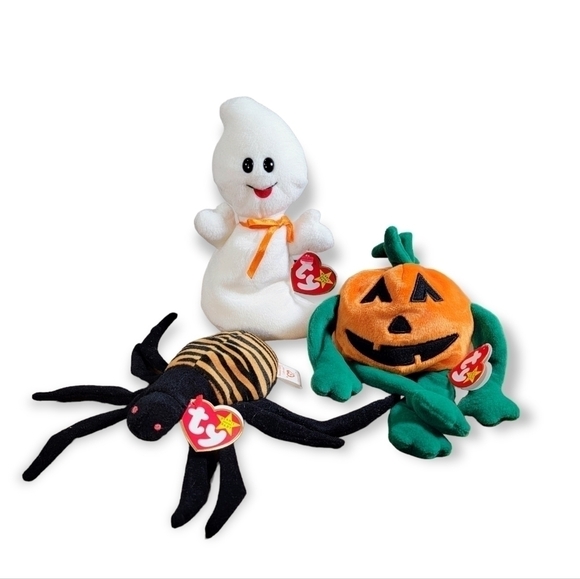 Vintage Ty Beanie Babies Lot of 3 Halloween Theme Ghost, Spider, Jack o Lantern - Picture 1 of 14